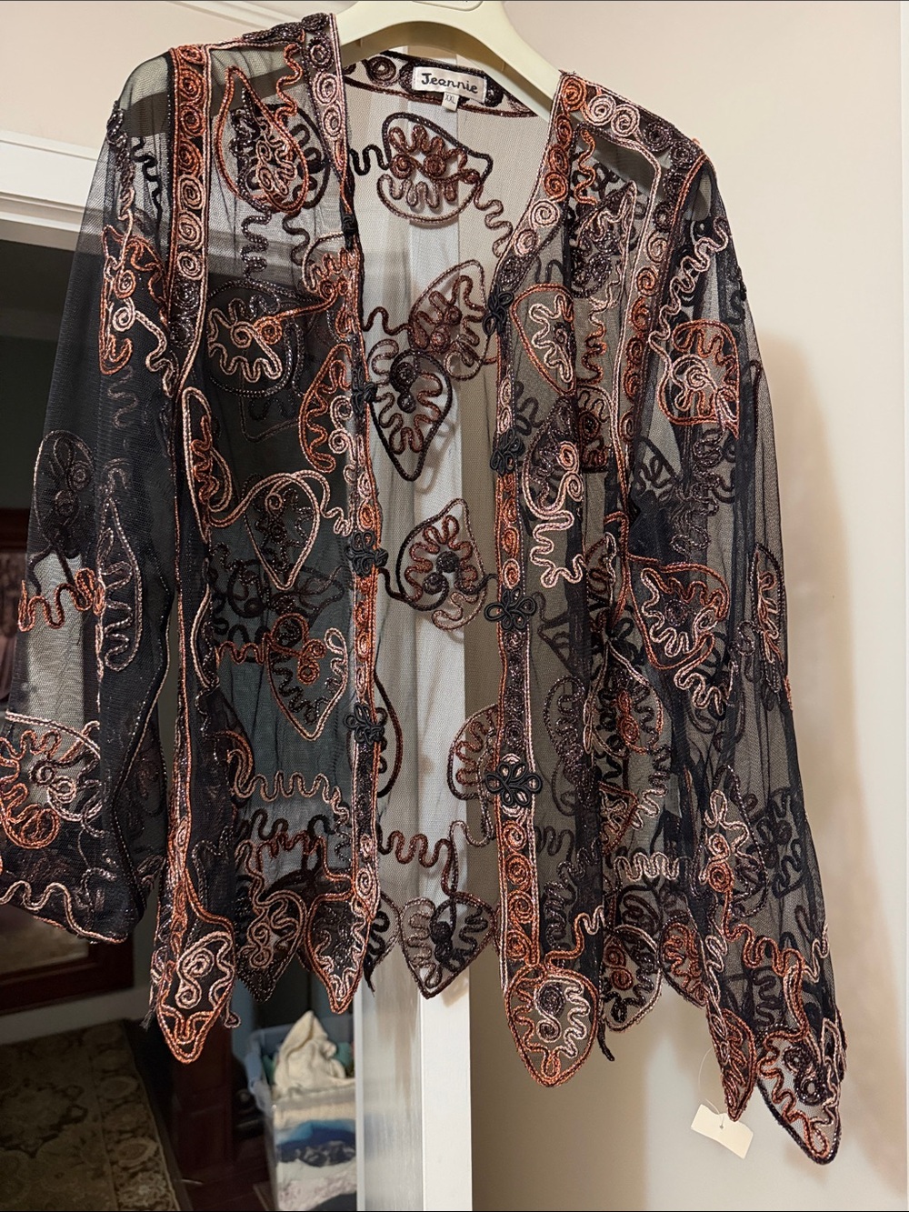 Jeannie  Sheer Black Mesh Jacket  Copper Embroidery formal cardigan size 2XL